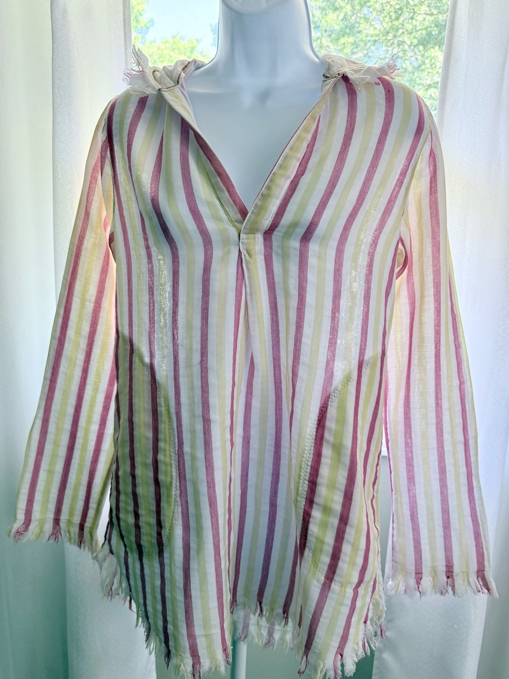 JACHS Girlfriend Hooded Striped Swim Coverup in Pink, Yellow & White
